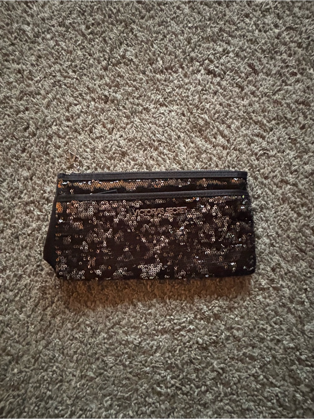 Victoria's Secret Black Sequin Cosmetic Clutch with Gold Accents